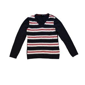 Tommy Hilfiger Womens V-Neck Sweater Size S P Navy Blue Red White Striped Knit